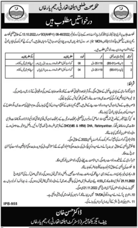 District Health Authority Rahim Yar Khan Jobs 2022 – Health Department Punjab Jobs 2022 — original advertisement