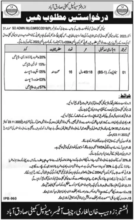 Municipal Committee Sadiqabad Jobs 2022 – Muncipal Commette Jobs 2022 — original advertisement