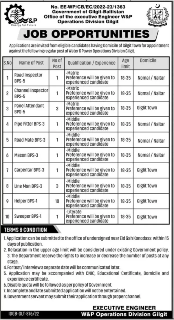 Water & Power Department Gilgit Baltistan Jobs 2022 – Government of Gilgit-Baltistan Jobs 2022 — original advertisement