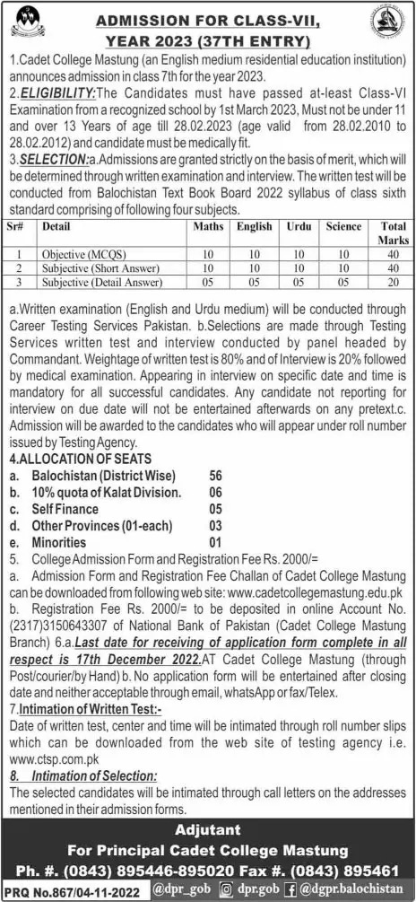 Cadet College Mastung  Admission 2022 – Cadet College Mastung Balochistan Admissions 2022 — original advertisement