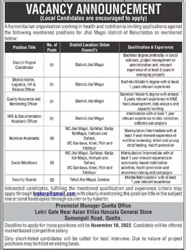Humanitarian Organization Jhal magsi Balochistan Jobs 2022 – Public Sector Organization Jobs 2022 — original advertisement