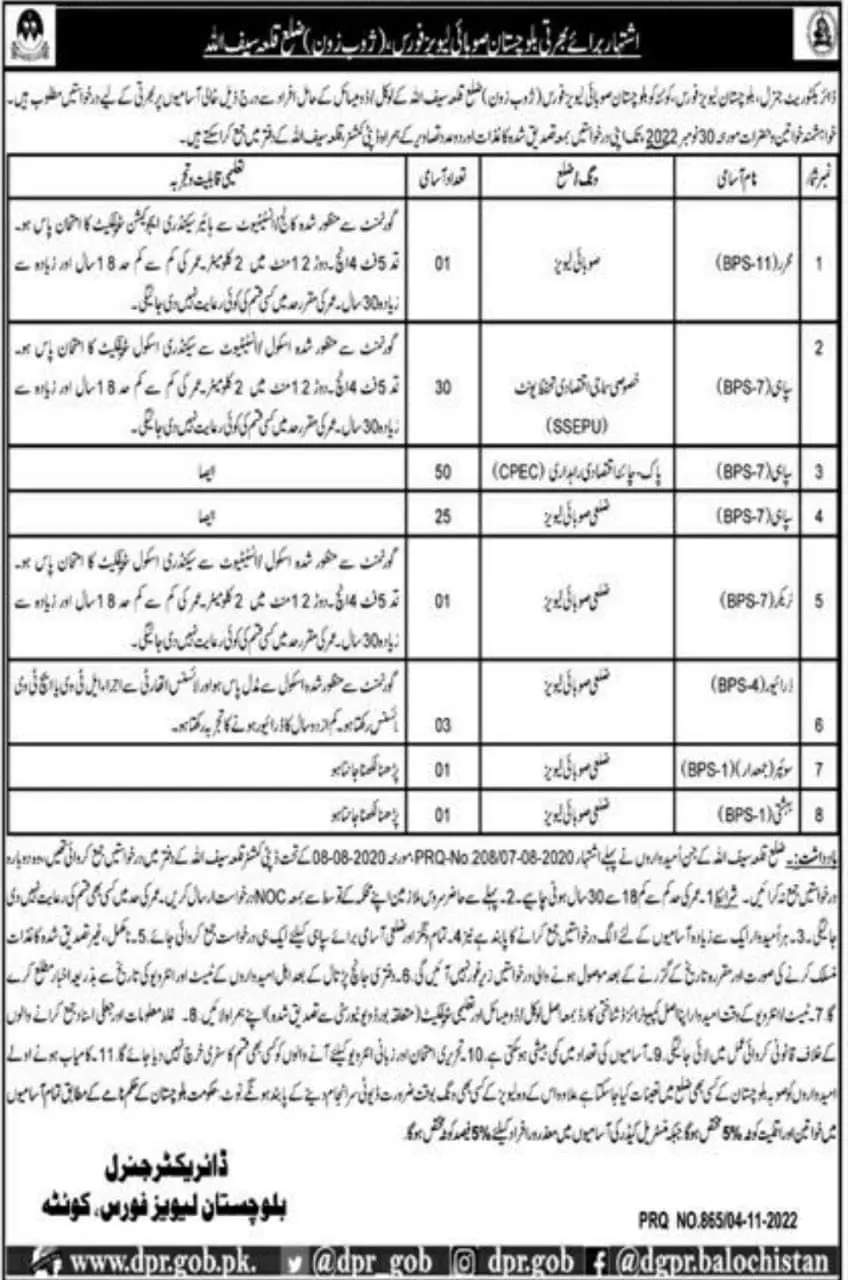 Balochistan Levies Force Killa Saifullah Jobs 2022 Jobs 2022 — original advertisement