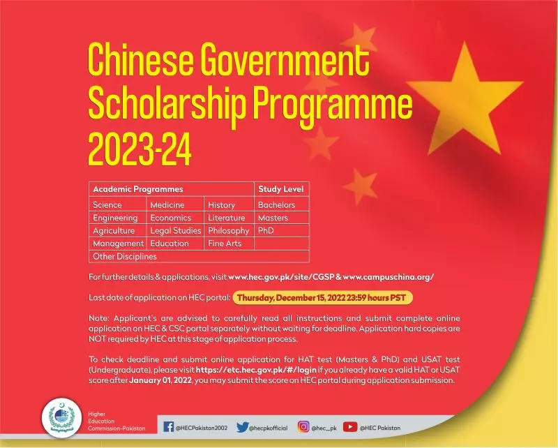 Chinese Government Scholarship Program 2023-24 – Higher Education Commission Islamabad Scholarships 2022 — original advertisement