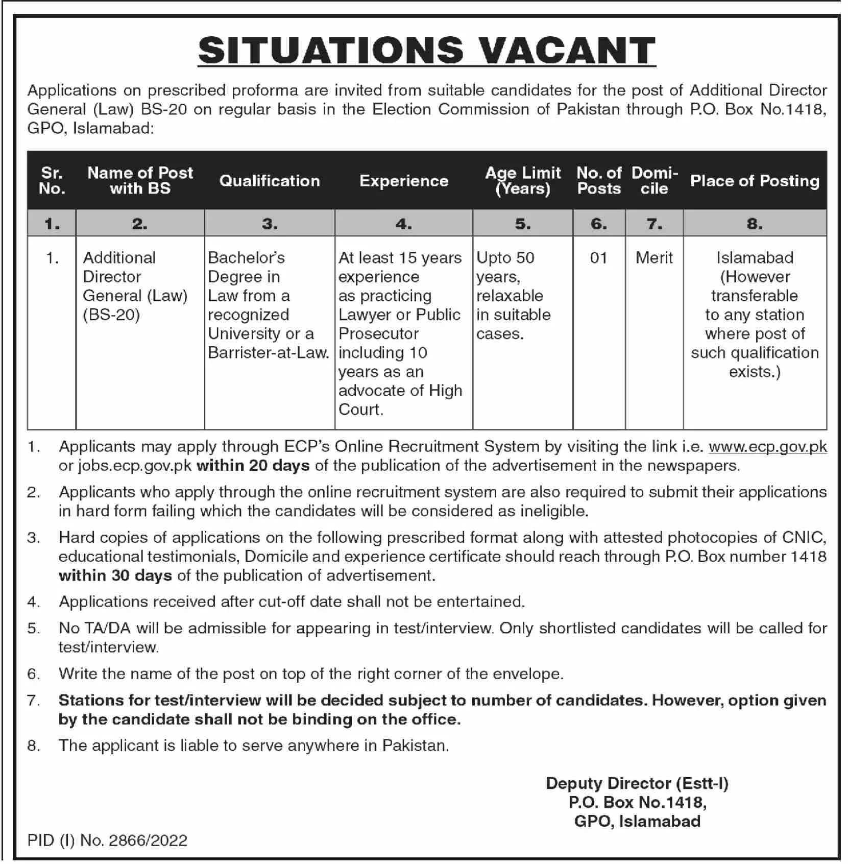 Election Commission of Pakistan (ECP) Jobs 2022 – Election Commission of Pakistan (ECP) Islamabad Jobs 2022 — original advertisement