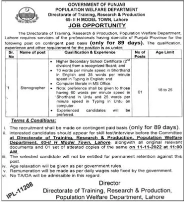 Population Welfare Department Punjab Jobs 2022 Jobs 2022 — original advertisement