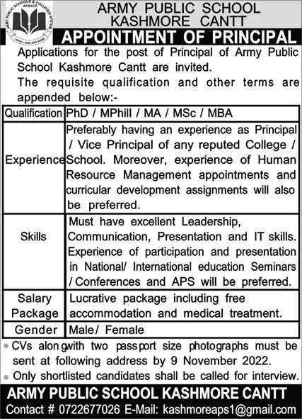 Army Public School Kashmore Cantt Jobs 2022 – Army Public School & College Paksitan Jobs 2022 — original advertisement