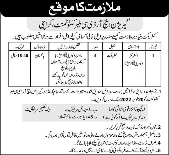 Garrison HRDC Malir Cantt Jobs 2022 – Pakistan Army Jobs 2022 — original advertisement