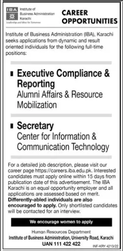 Institute of Business Administration IBA Karachi Job 2022 Jobs 2022 — original advertisement