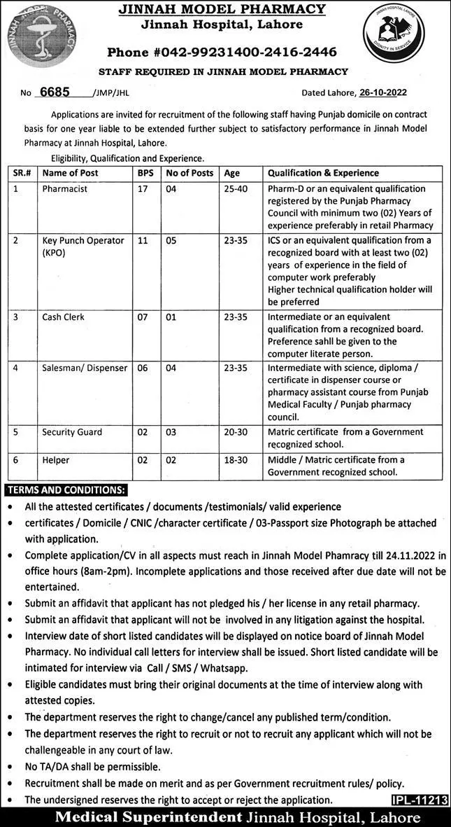 Jinnah Hospital Lahore Punjab Jobs 2022 Jobs 2022 — original advertisement