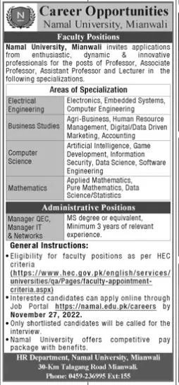 Namal University Mianwali Jobs 2022 Jobs 2022 — original advertisement