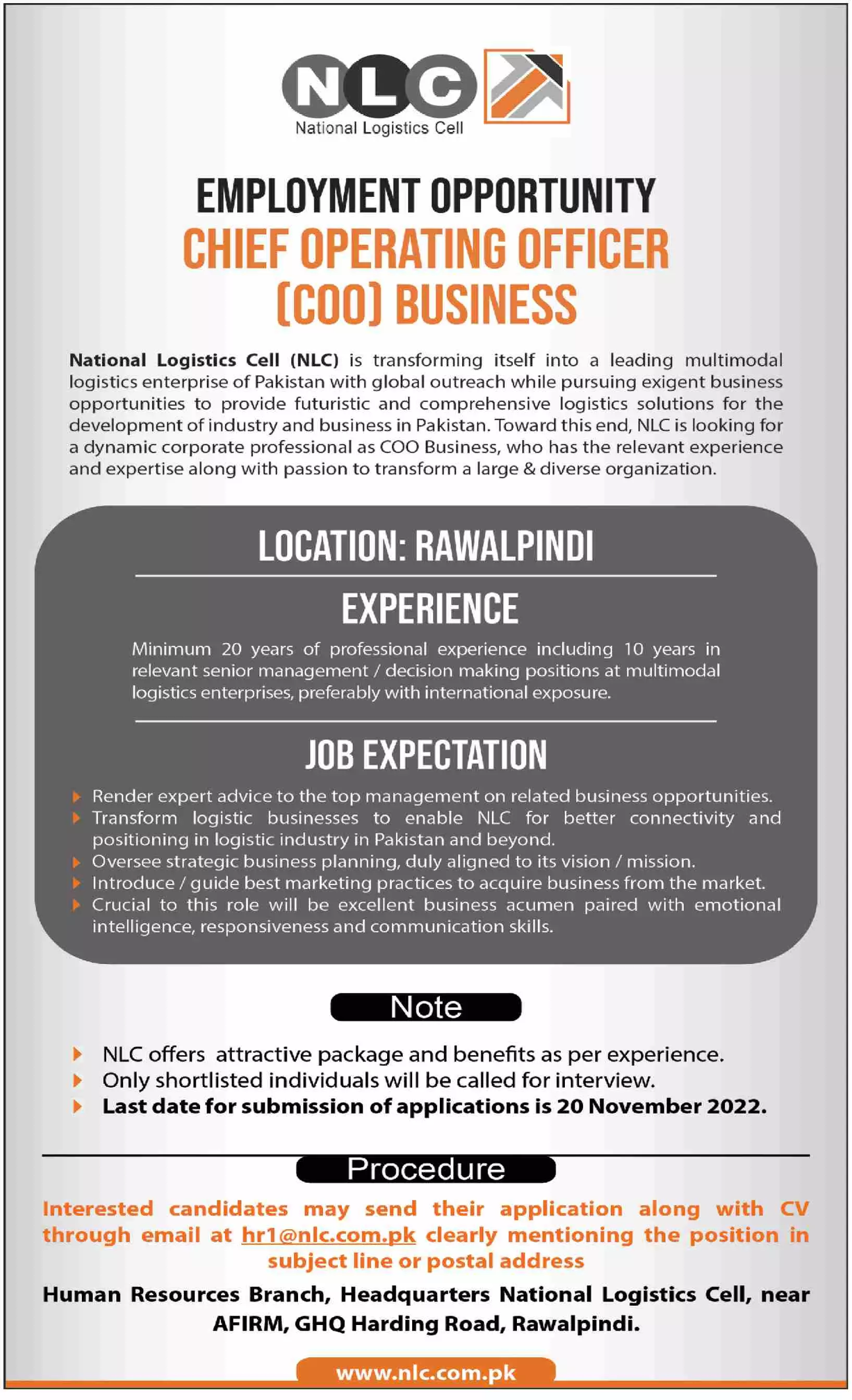 National Logistics Cell NLC Rawalpindi Jobs 2022 – National Logistic Cell Rawalpindi Jobs 2022 — original advertisement