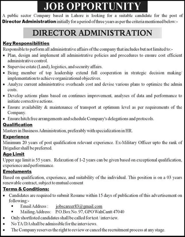 Public Sector Company Lahore Jobs 2022 – Private Company Jobs 2022 — original advertisement