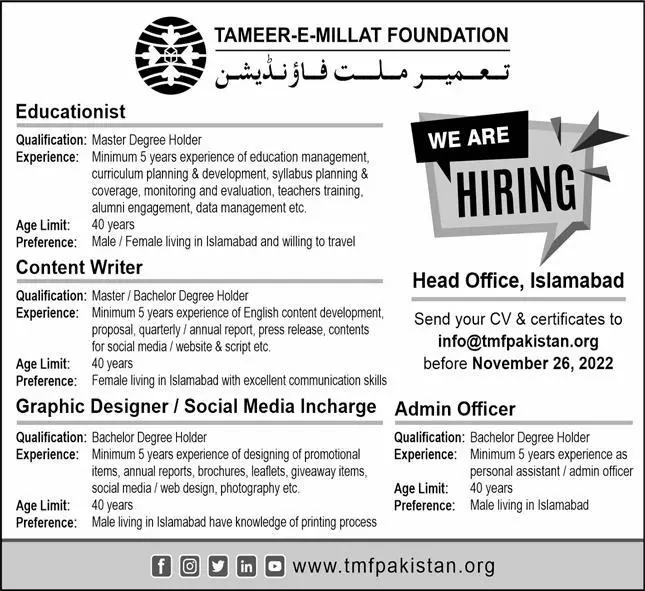 Tameer-e-Millat Foundation Jobs 2022 – Tameer-e-Khalaq Foundation Pakistan Jobs 2022 — original advertisement