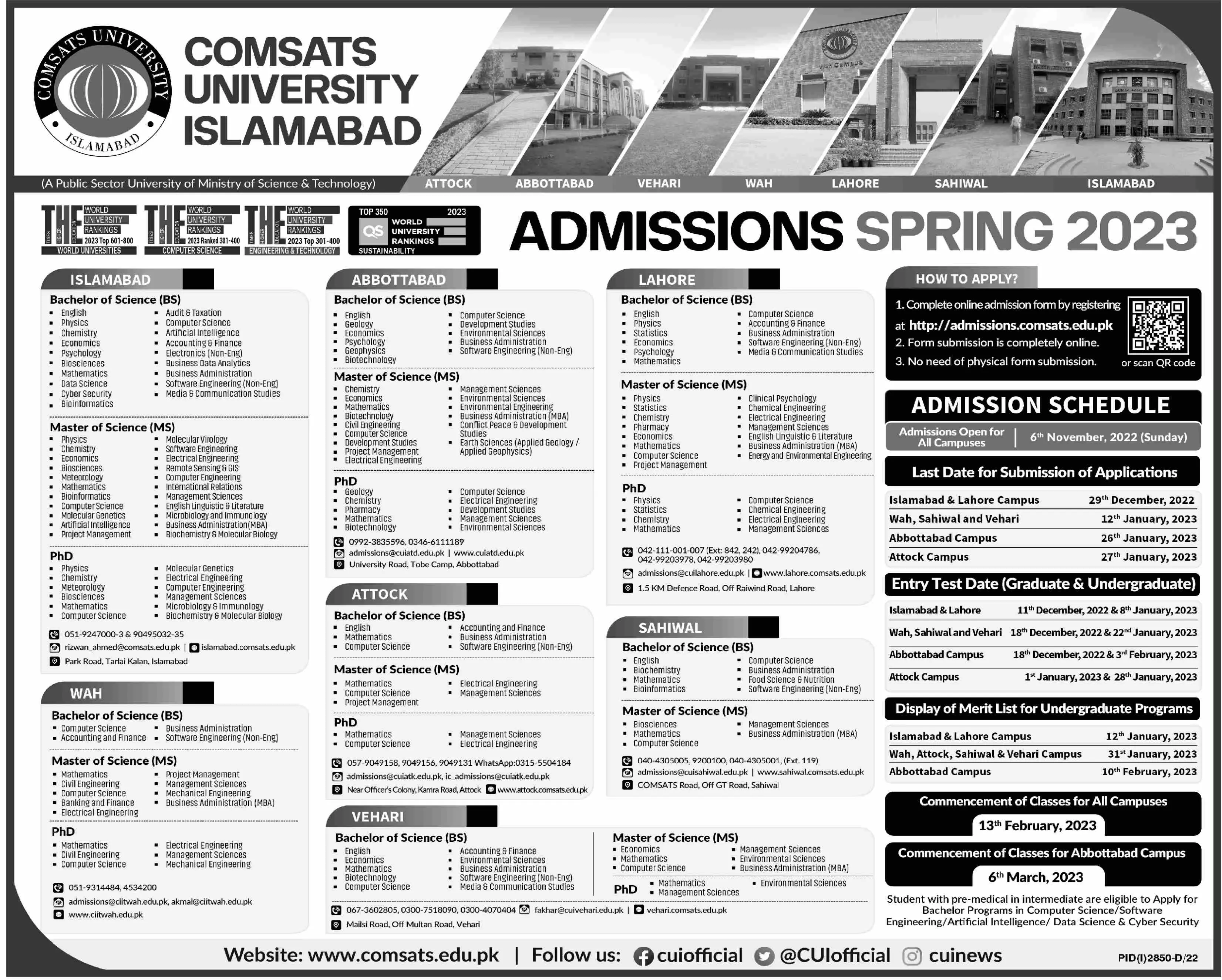 Comsats University Islamabad Admission 2022 Admissions 2022 — original advertisement