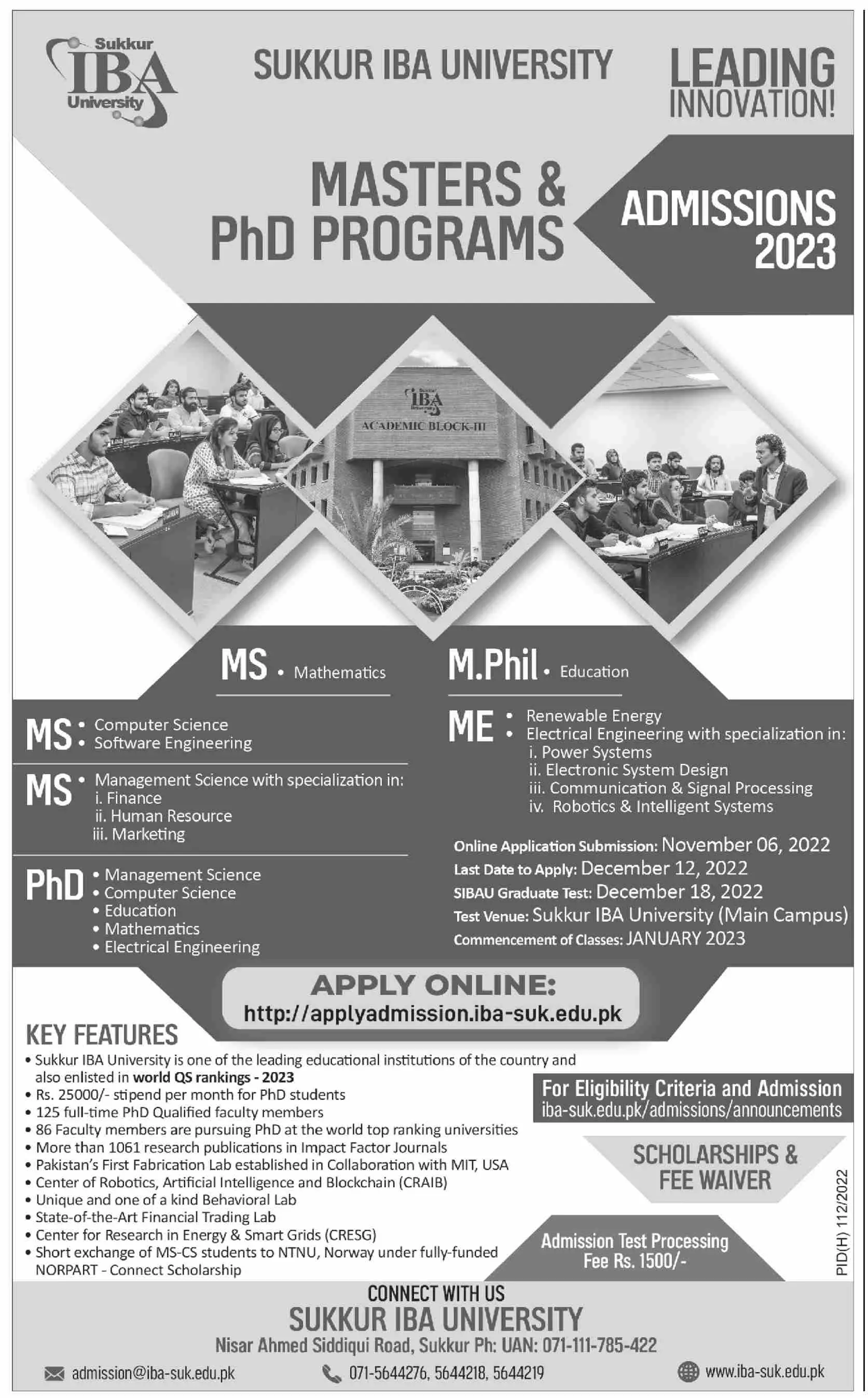 Sukkur IBA University Admission 2022 Admissions 2022 — original advertisement