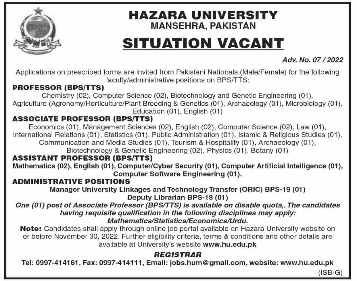 Hazara University Manshera Jobs 2022 – Hazara University Mansehra Jobs 2022 — original advertisement