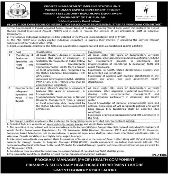 Primary & Secondary Healthcare Department Jobs 2022 – Health Department Punjab Jobs 2022 — original advertisement