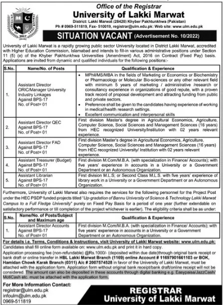 University of Lakki Marwat Jobs 2022 Jobs 2022 — original advertisement