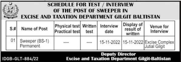 Excise and Taxation Department Gilgit Job 2022 – Excise and Taxation Department Gilgit Baltistan Jobs 2022 — original advertisement