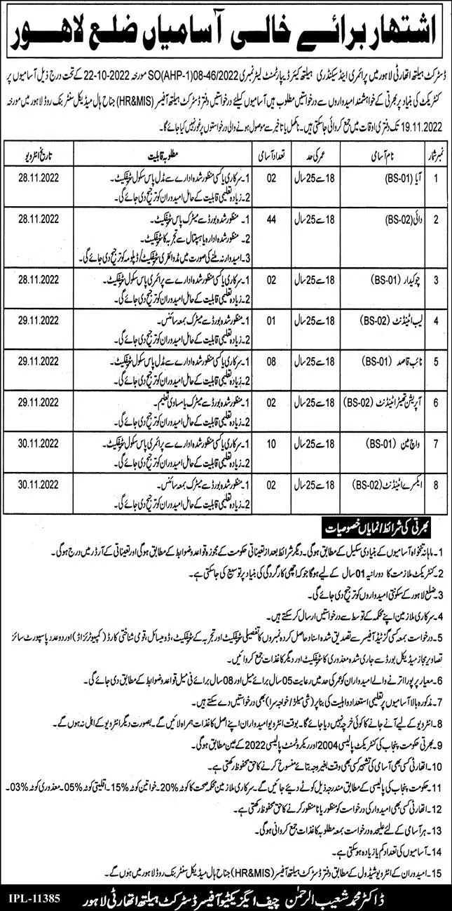 District Health Authority Lahore Jobs 2022 – Health Department Punjab Jobs 2022 — original advertisement