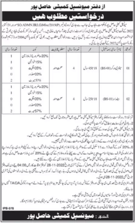 Municipal Committee Hasilpur Job 2022 – Muncipal Commette Jobs 2022 — original advertisement