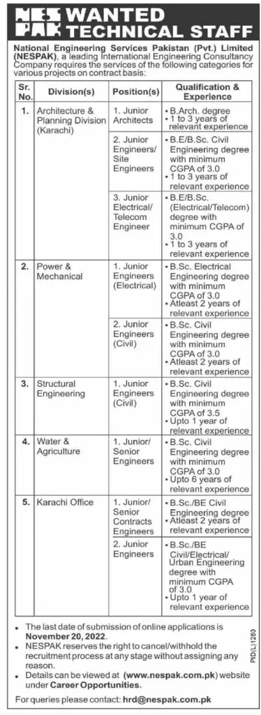 National Engineering Services Pakistan NESPAK Job 2022 – NESPAK National Engineering Services Pakistan Jobs 2022 — original advertisement