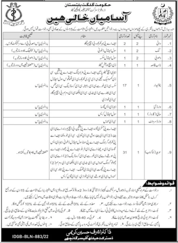 Office of District Health Officer Gilgit Job 2022 – Health Department Gilgitbaltistan Jobs 2022 — original advertisement