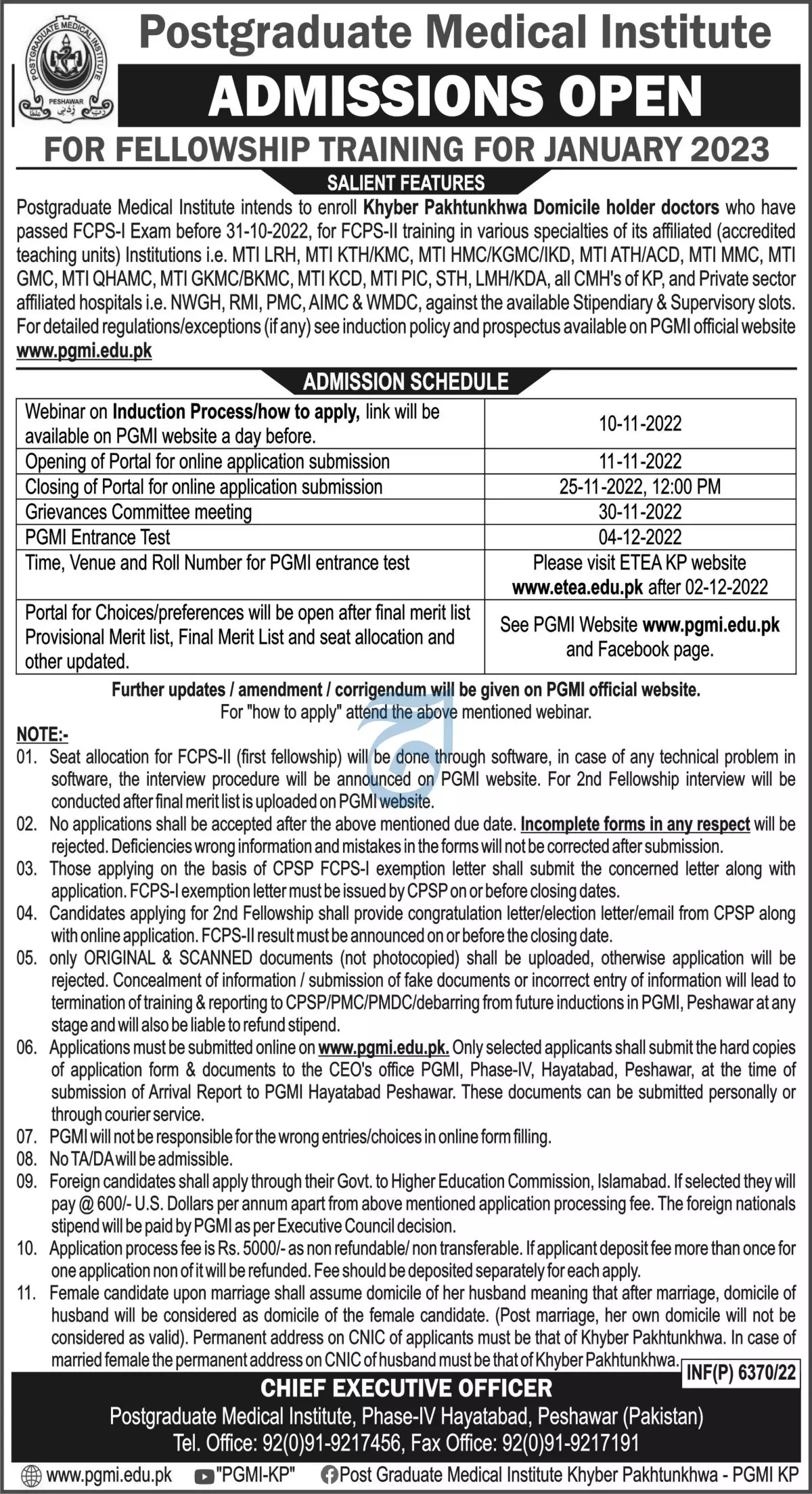 Postgraduate Medical institute Peshawar Admissions 2022 – Postgraduate College Landi Kotal Admissions 2022 — original advertisement