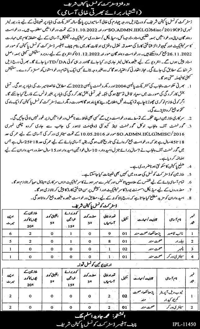 District Council Pakpattan Sharif Jobs 2022 – Local Government Department Punjab Jobs 2022 — original advertisement