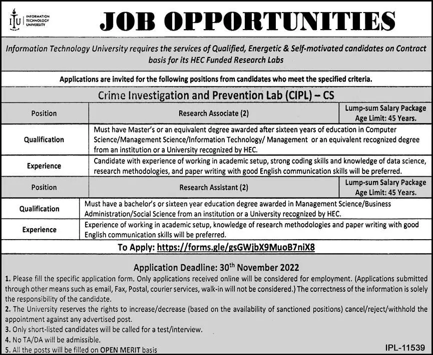 Information Technology University Jobs 2022 – Information Technology University of the Punjab Lahore Jobs 2022 — original advertisement