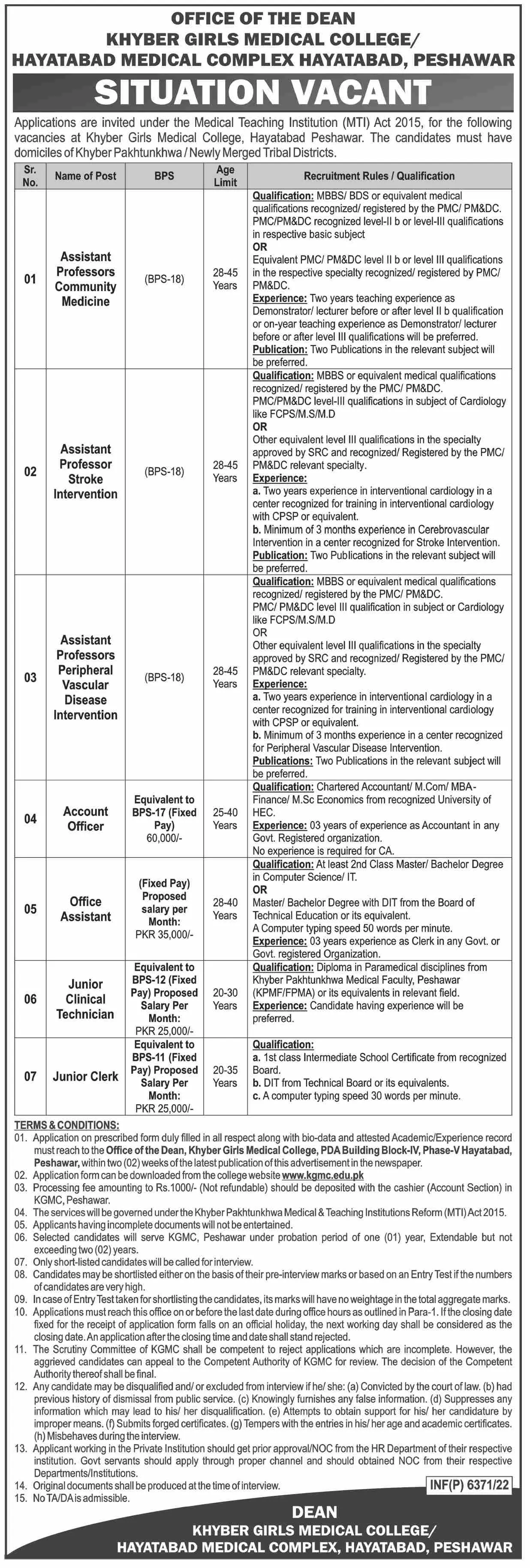 Khyber Girls Medical College Peshawar Jobs 2022 Jobs 2022 — original advertisement