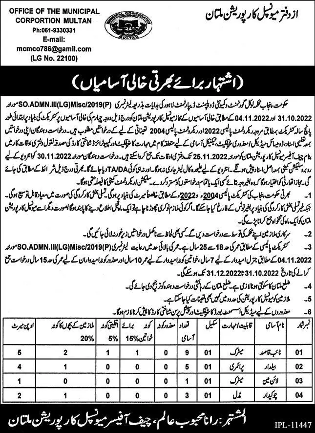 Municipal Corporation Multan Punjab Jobs 2022 – Municipal Corporation MC Jobs 2022 — original advertisement