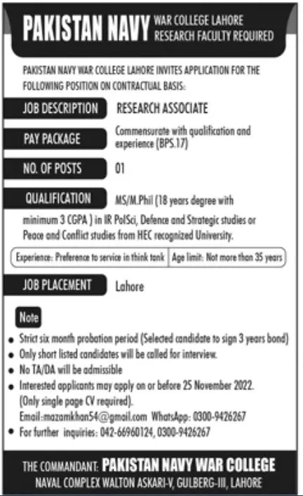 Pakistan Navy WAR College Lahore Jobs 2022 Jobs 2022 — original advertisement