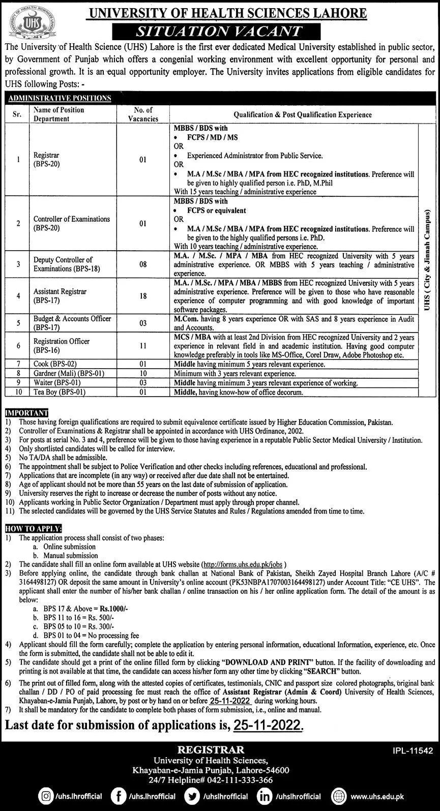 University of Health Sciences Lahore Jobs 2022 Jobs 2022 — original advertisement