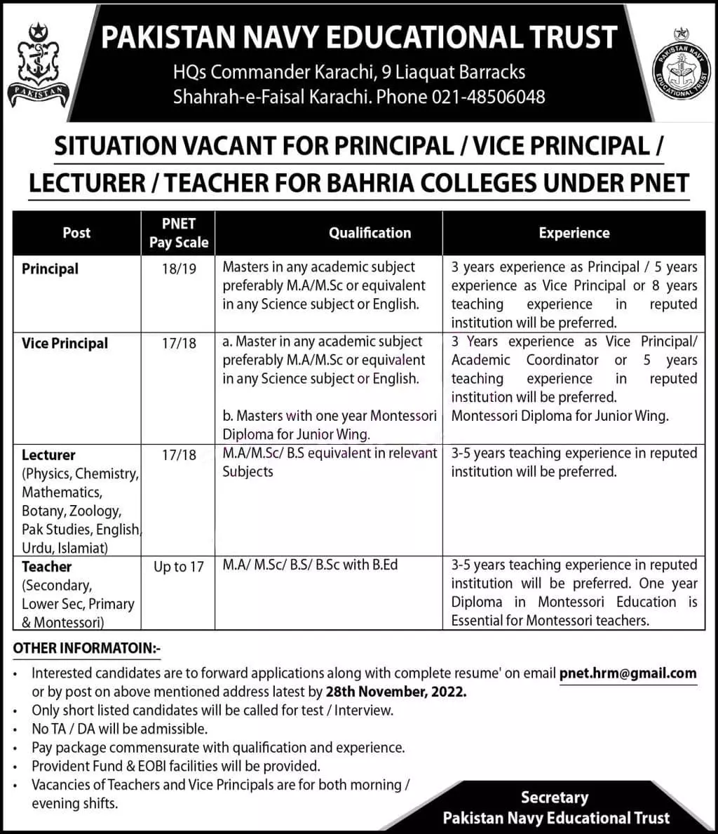Pakistan Navy Education Trust Jobs 2022 Jobs 2022 — original advertisement