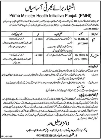 Primary Minister Health initiative Punjab Jobs 2022 – Health Department Punjab Jobs 2022 — original advertisement