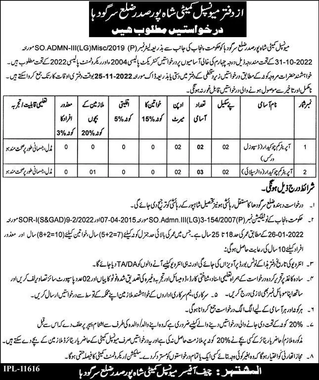 Municipal Committee Shahpur Saddar jobs 2022 – Muncipal Commette Jobs 2022 — original advertisement