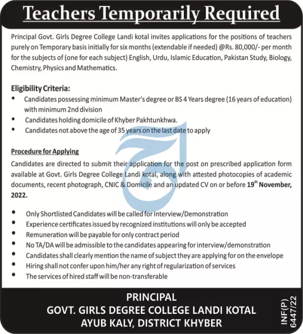 Girls Degree College Landi Kotal Jobs 2022 – Higher Education Department KPK Jobs 2022 — original advertisement