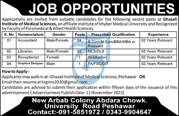 Ghazali Institute of Medical Sciences Peshawar Jobs 2022 – Ghazali Institute of Medical Sciences, Peshawar Jobs 2022 — original advertisement