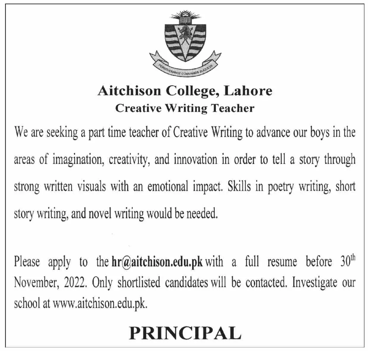 Aitchison College Lahore Punjab Jobs 2022 Jobs 2022 — original advertisement
