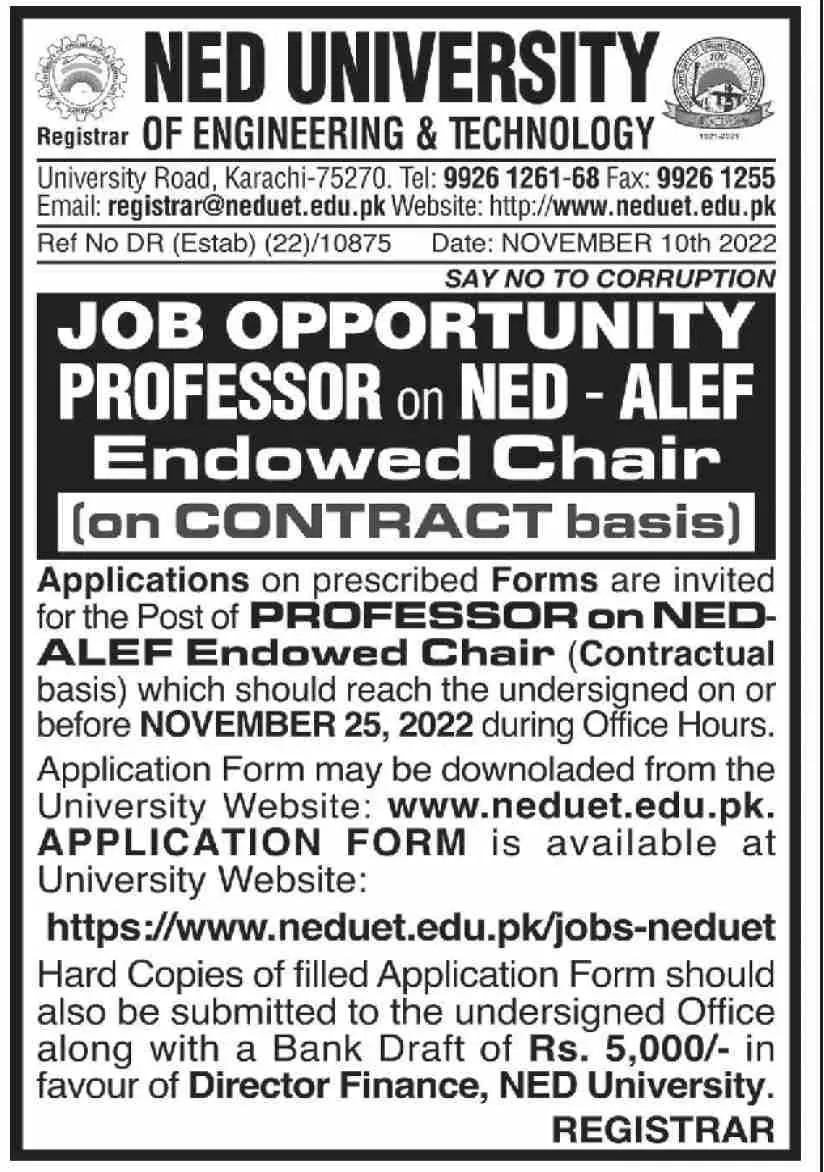 Ned University of Engineering And Technology Jobs 2022 Jobs 2022 — original advertisement