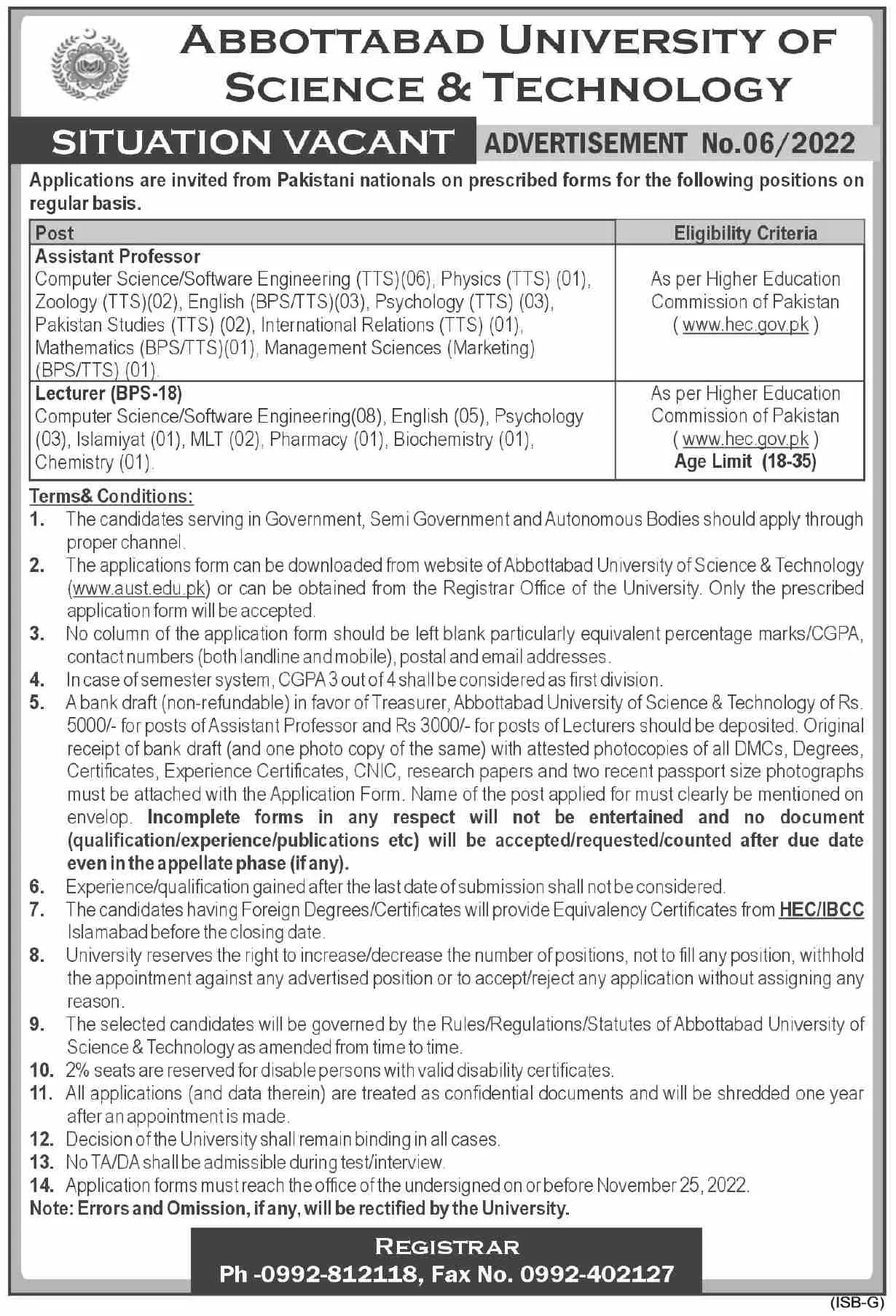 Abbottabad University Of Science & Technology AUST Jobs 2022 – Abbottabad University of Science and Technology Jobs 2022 — original advertisement