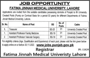 Fatima Jinnah Medical University Lahore Jobs 2022 Jobs 2022 — original advertisement