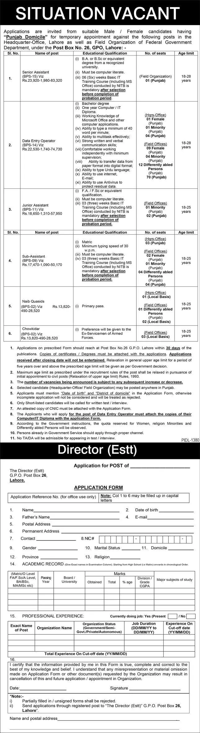 Federal Government Department Punjab Jobs 2022 Jobs 2022 — original advertisement