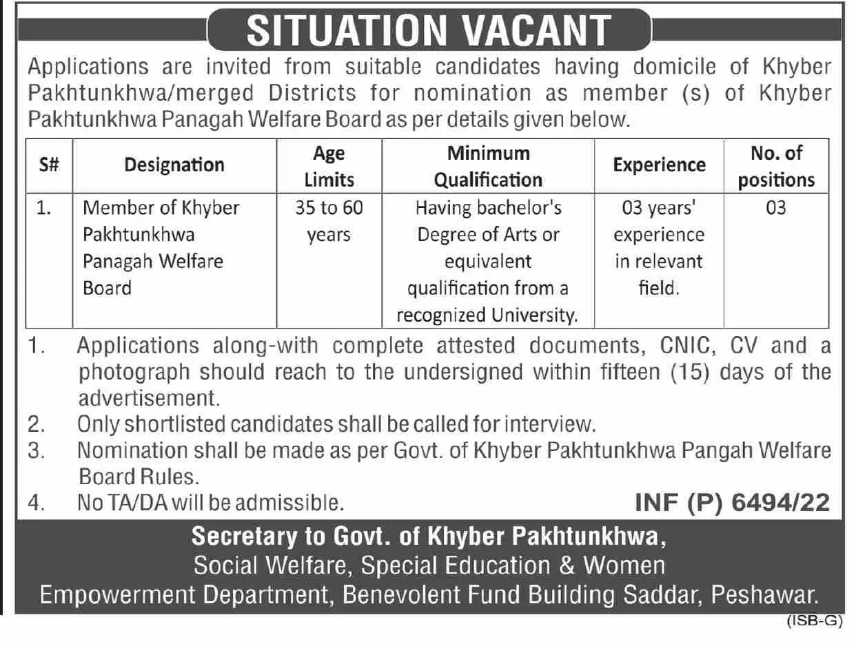 Special Education & Women Empowerment KPK Jobs 2022 – Social Welfare Department KPK Jobs 2022 — original advertisement