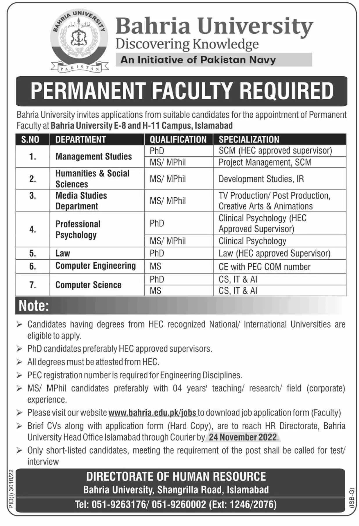Bahria University Islamabad Jobs 2022 Jobs 2022 — original advertisement