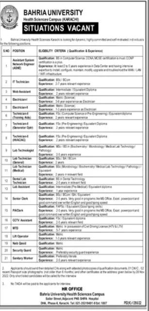 Bahria University Health Sciences Campus Karachi Jobs 2022 Jobs 2022 — original advertisement