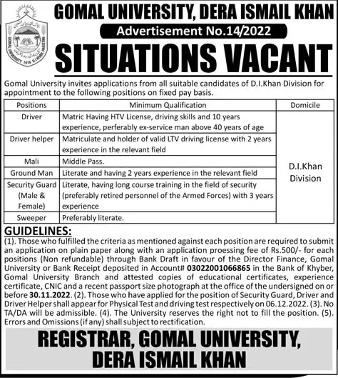 Gomal University Dera Ismail Khan Jobs 2022 Jobs 2022 — original advertisement