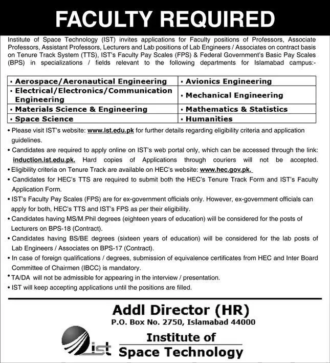 Institute of Space Technology ITS Islamabad Jobs 2022 Jobs 2022 — original advertisement