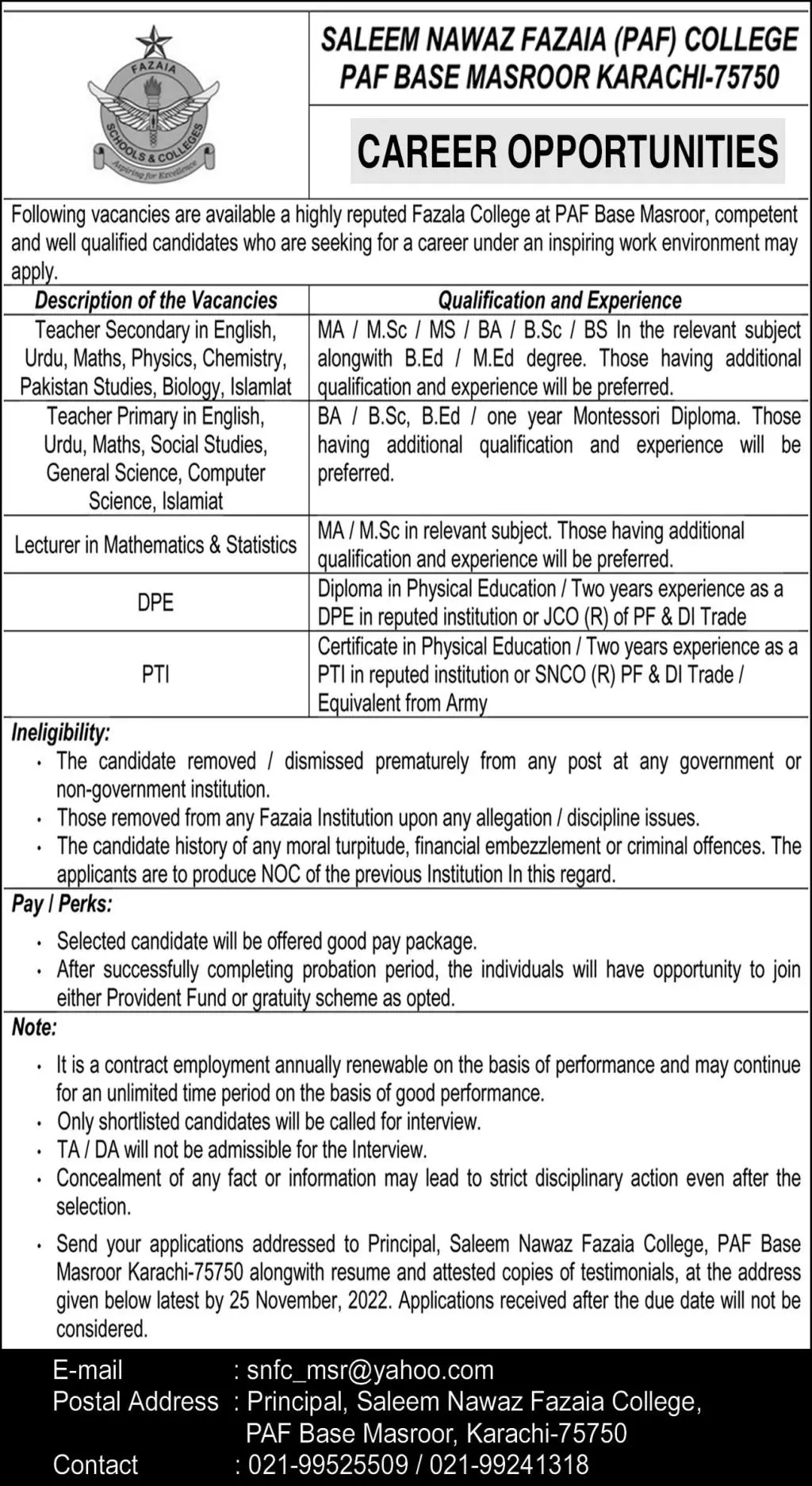 Saleem Nawaz Fazaia Paf College Jobs 2022 – Fazaia Schools & Colleges Jobs 2022 — original advertisement